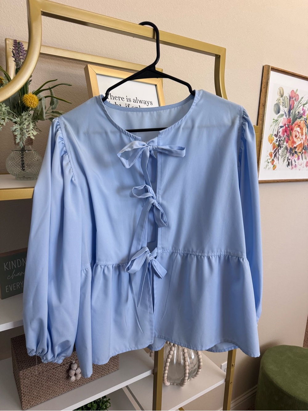 Light Blue Bow-Tie Peplum Blouse - Women
